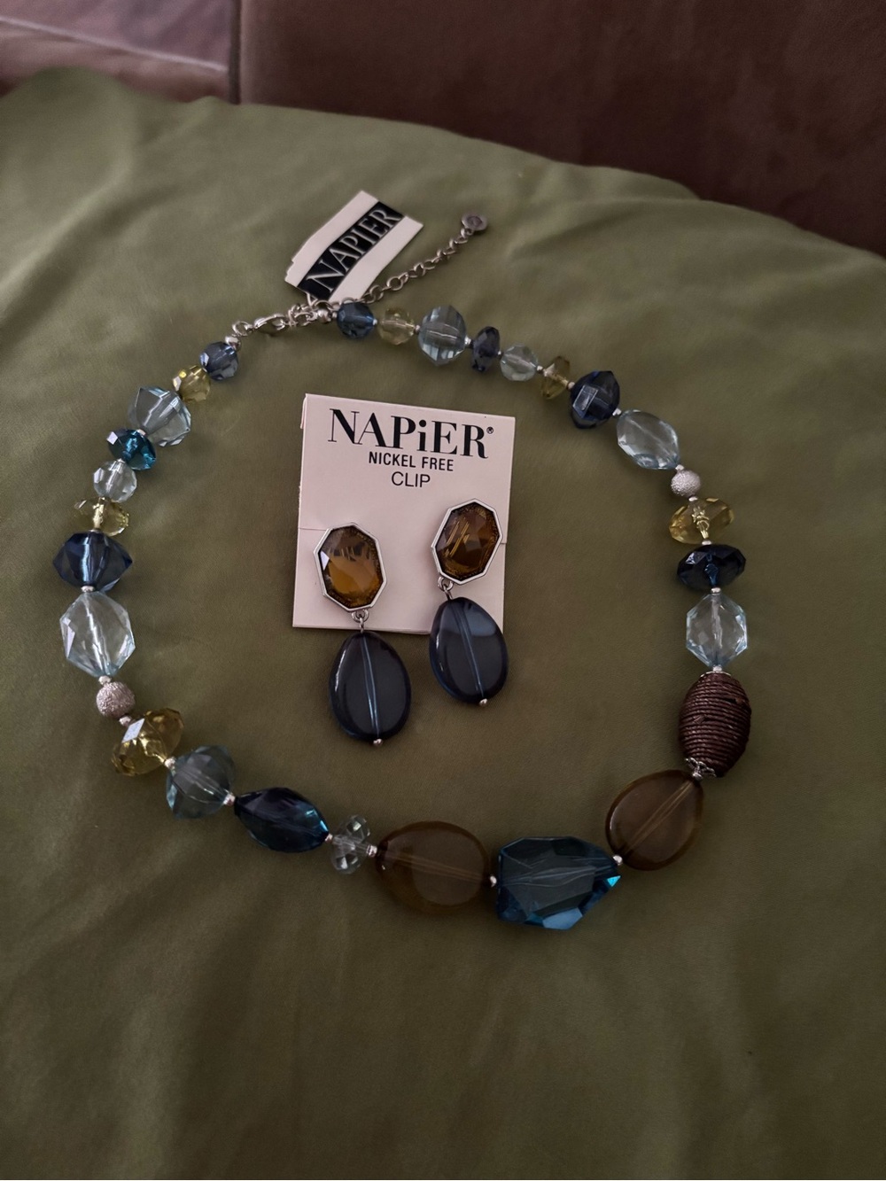 Napier Blue and Amber Faceted Bead Necklace with Clip-On Earrings